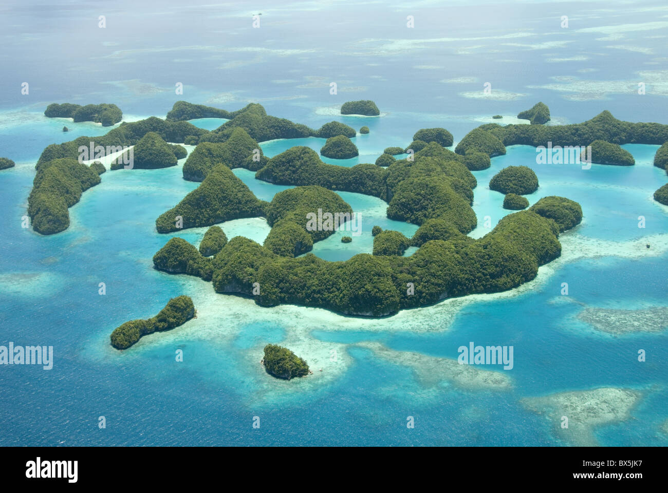 Seventy Islands, forest-covered limestone rock, protected Nature Reserve, so can only be seen from the air, Palau, Micronesia Stock Photo