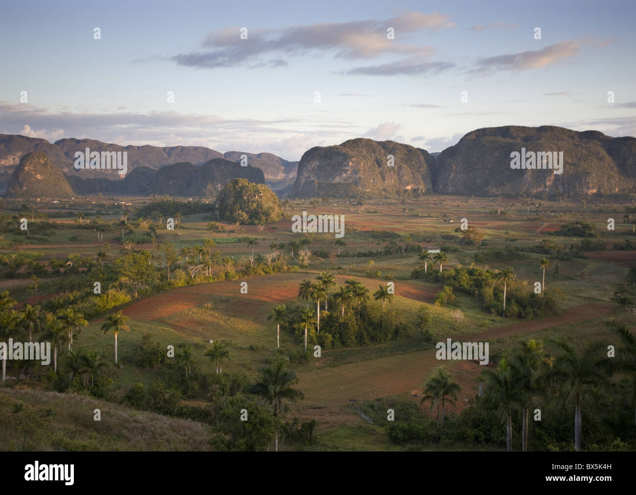 View of Vinales Valley at dawn from grounds of Hotel Los Jasmines, Pinar Del Rio, Cuba Stock Photo
