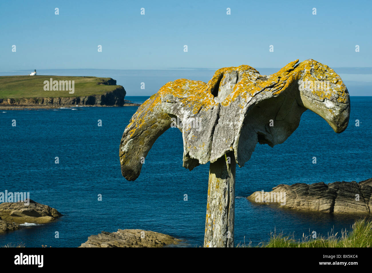 dh  BIRSAY ORKNEY Whale bone and Brough of Birsay Whalebone Orkney north coast Stock Photo