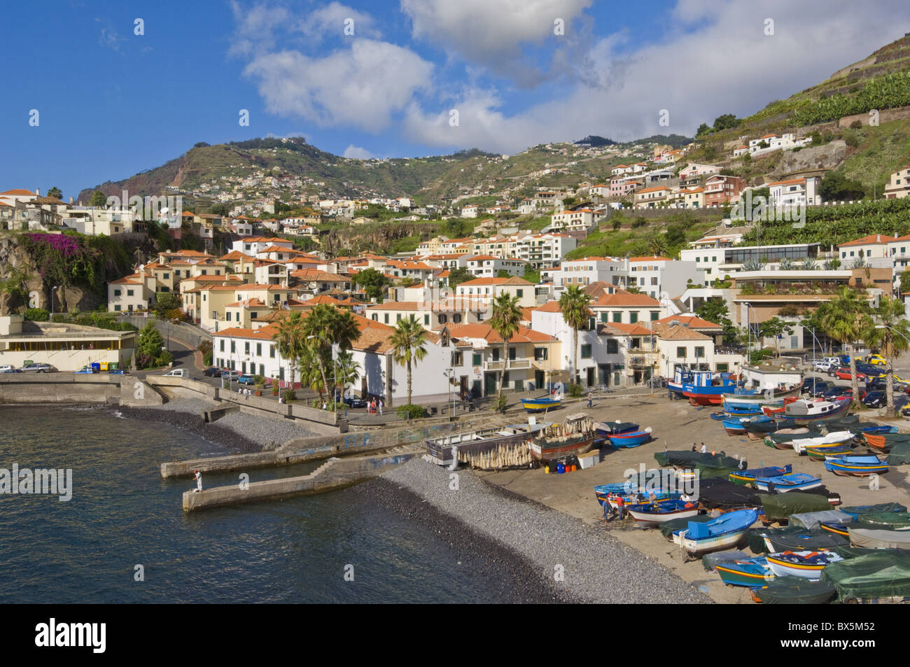 Fishing boats in the small south coast harbour of Camara de Lobos, Madeira, Portugal, Atlantic, Europe Stock Photo