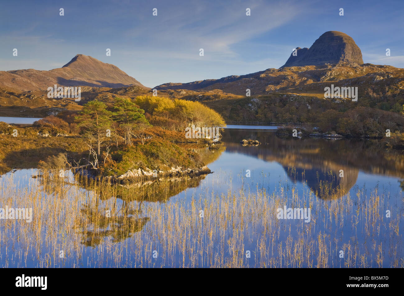 Two mountains of Suilven and Canisp from Loch Druim Suardalain, Sutherland, North west Scotland, United Kingdom, Europe Stock Photo