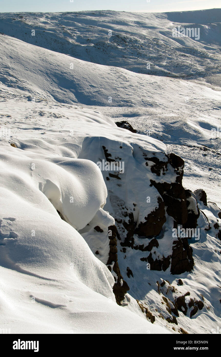 Snow drifts on the Kinder Scout plateau in winter.  Near Hayfield, Peak District, Derbyshire, England, UK Stock Photo
