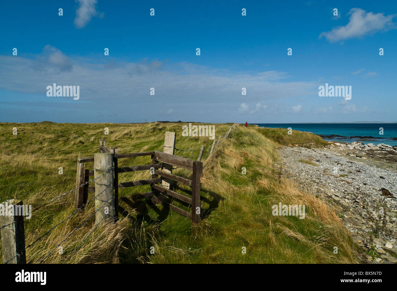 dh  EGILSAY ORKNEY Tourist visitor hiker Egilsay beach footpath rocky shore summer northern isles hikers Stock Photo