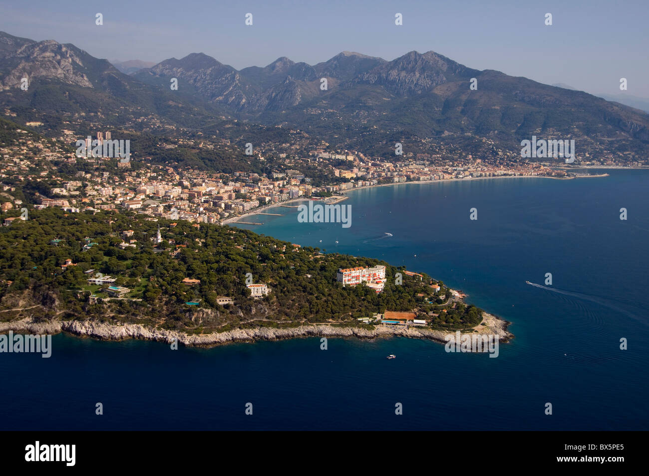 View from helicopter of Roquebrune, Cap Martin, Provence, Cote d'Azur ...