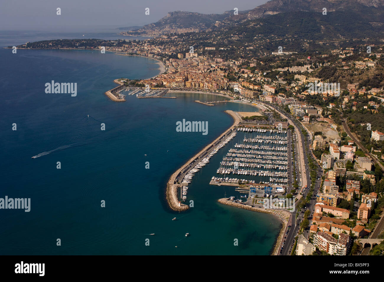 View from helicopter of Menton, Alpes-Maritimes, Provence, Cote d'Azur, French Riviera, France, Mediterranean, Europe Stock Photo