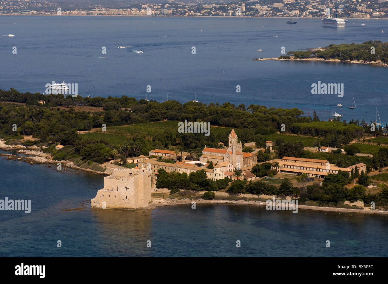 View from helicopter of Lerins Abbey, Ile SaintHonorat, Iles de Lerins