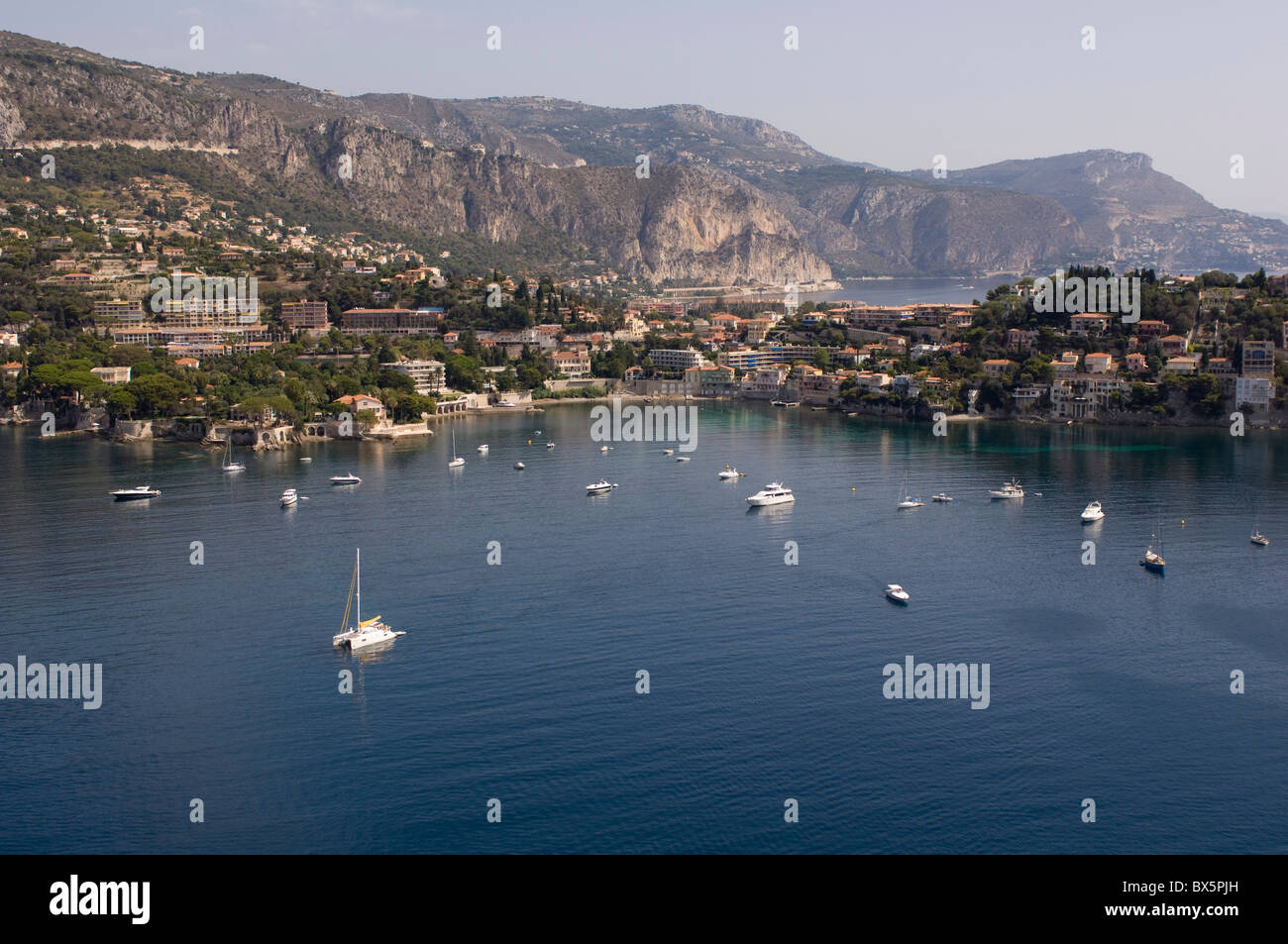 View from helicopter of Villefranche Bay, Alpes-Maritimes, Provence, Cote d'Azur, French Riviera, France, Mediterranean, Europe Stock Photo