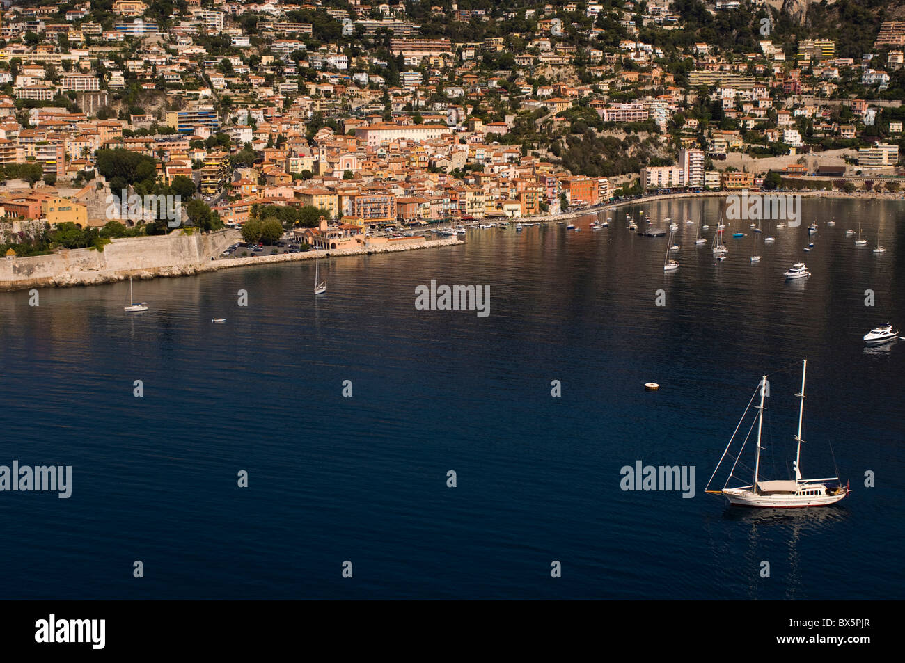 View from helicopter of Villefranche, Alpes-Maritimes, Provence, Cote d'Azur, French Riviera, France, Mediterranean, Europe Stock Photo