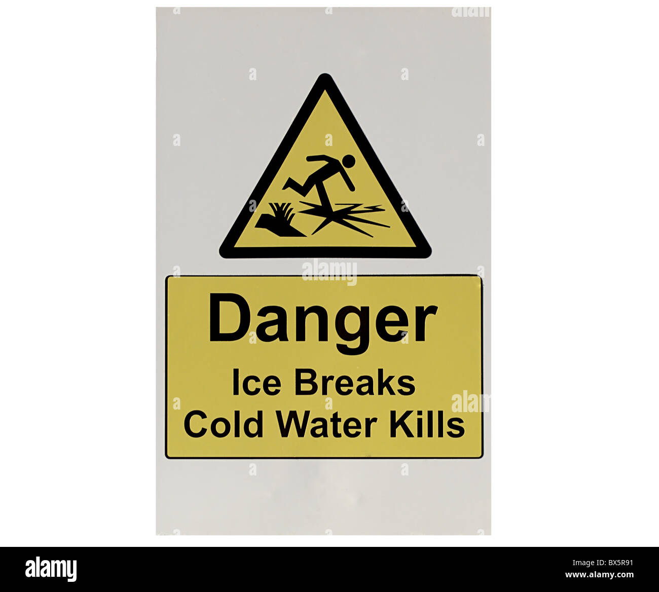 A sign warning of the dangers of skating on ice - isolated on white Stock Photo
