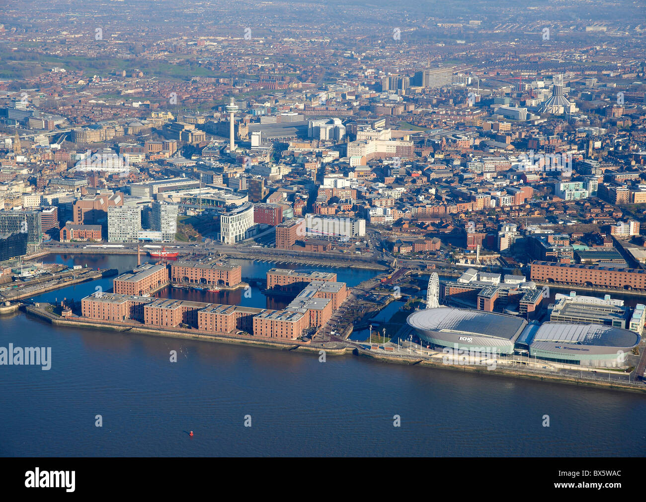 Liverpool Waterfront with Albert Docks and the Arena, with the river Mersey, from the air, North West England Stock Photo