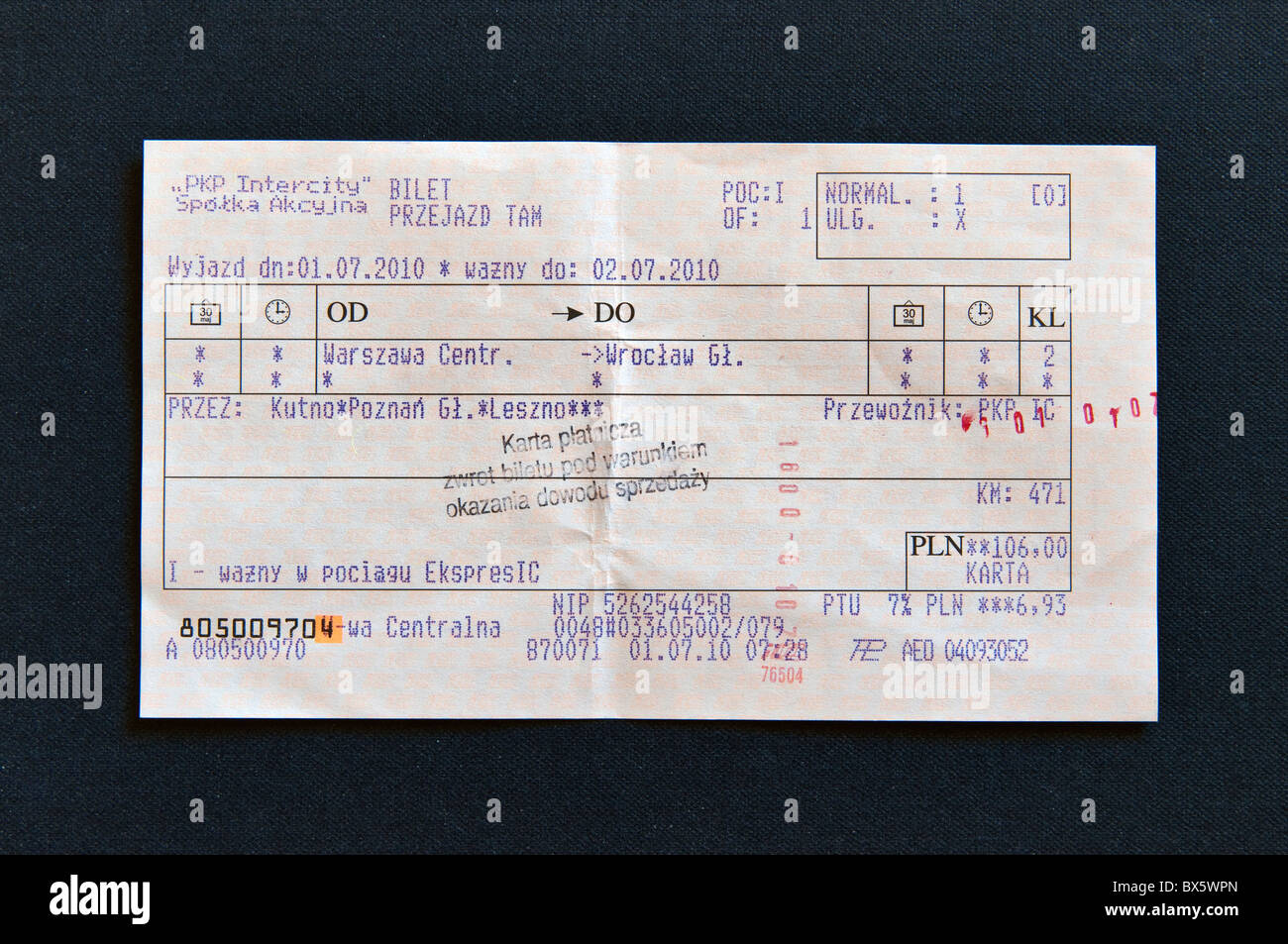 Validated train ticket for express train from Warsaw to Wroclaw, Poland Stock Photo