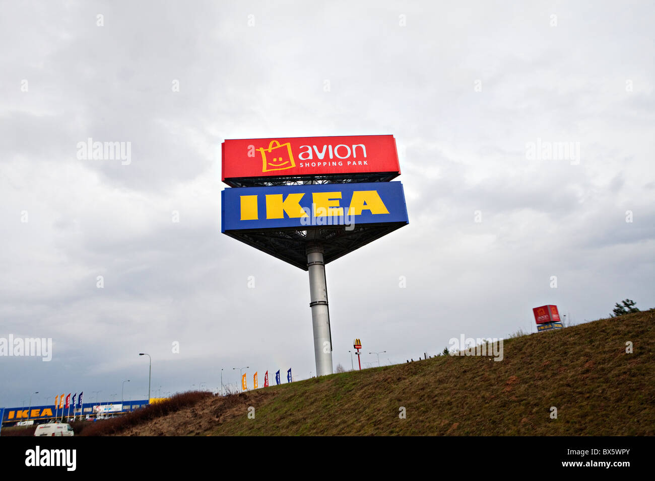 Logo of IKEA furniture chain store in the shopping park in Prague