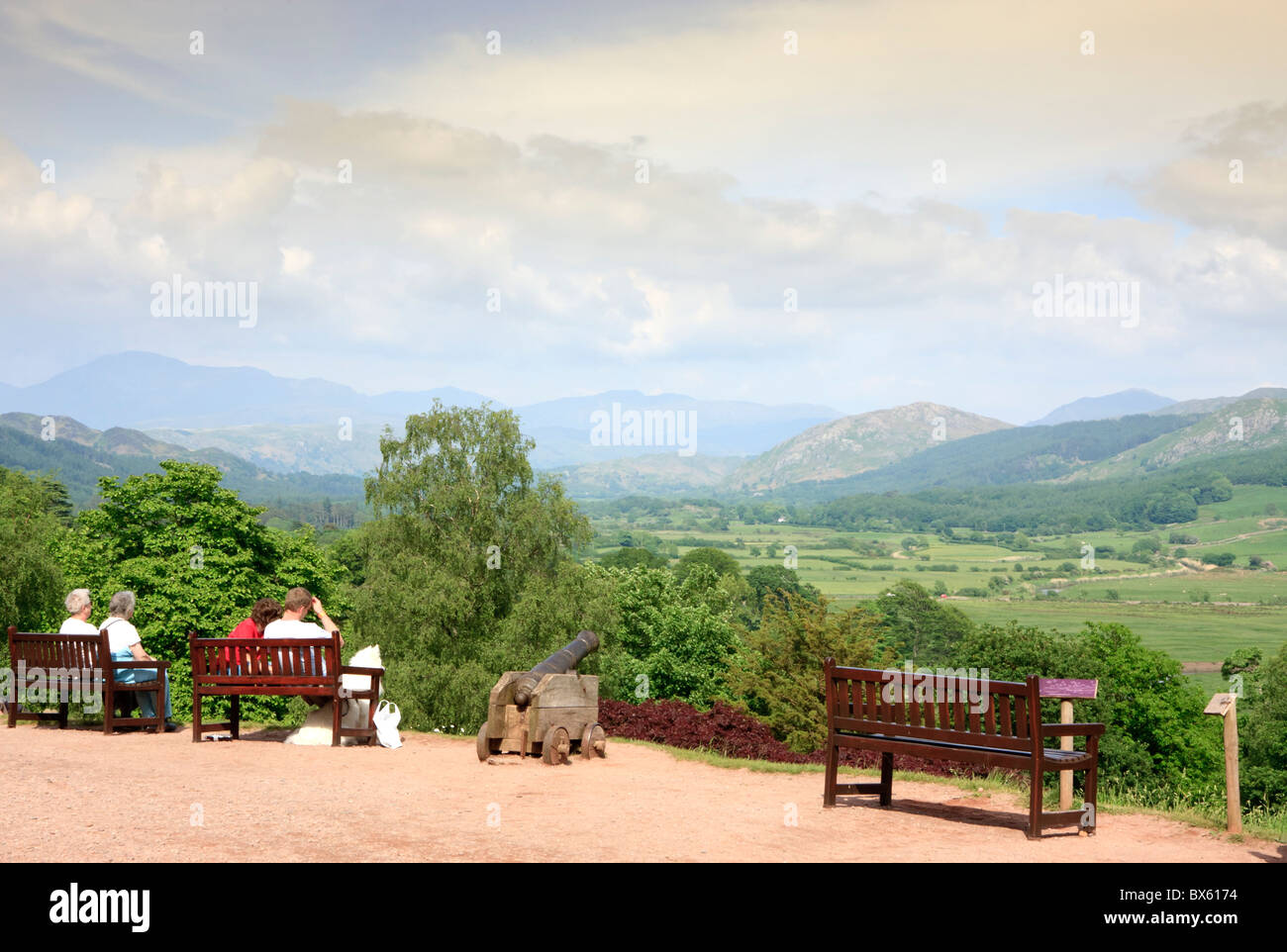 Visitors to Muncaster Castle Enjoy the View Stock Photo