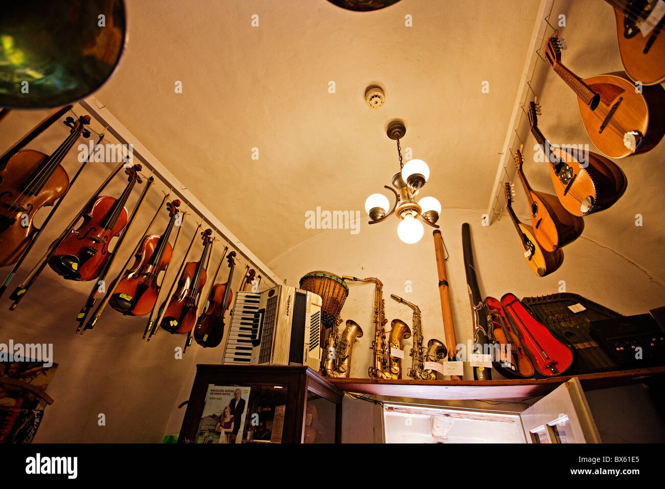 Golden Lane, Prague Castle, interior, musical instruments shop Stock