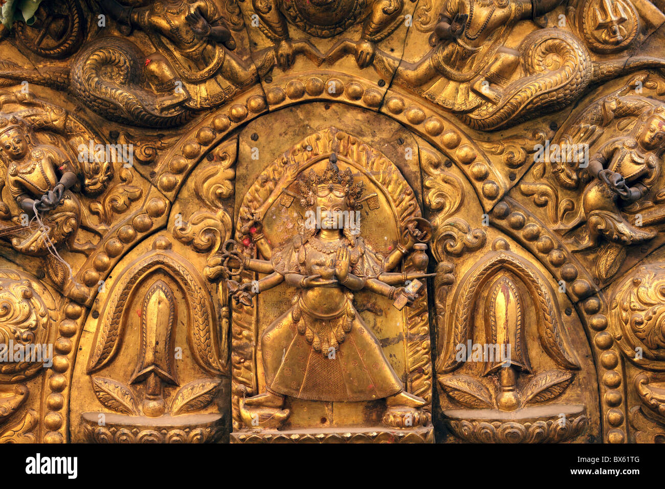 golden goddess Taleju on temple entrance, Bhaktapur, Nepal Stock Photo