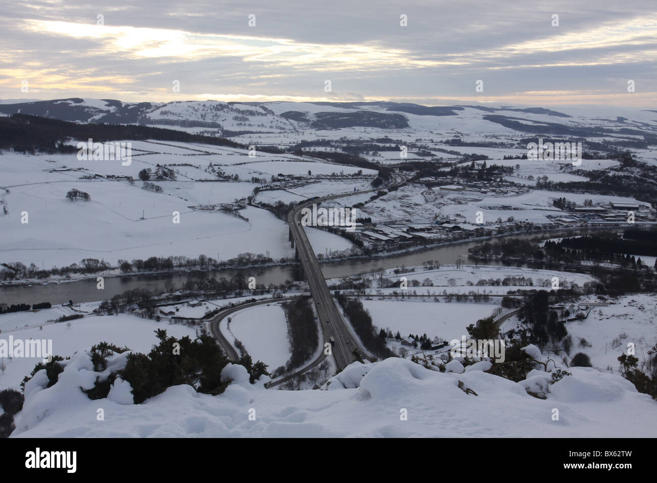aerial view of road junction on M90 in winter near Perth Scotland  December 2010 Stock Photo