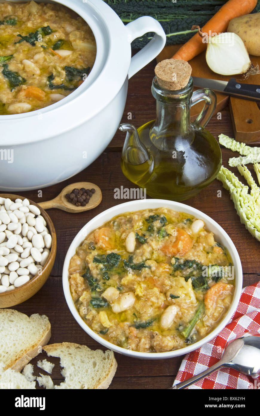 Ribollita soup made of ribollita with beans, cabbage, carrot, onion, bread, potato and olive oil, Florence, Tuscany, Italy Stock Photo
