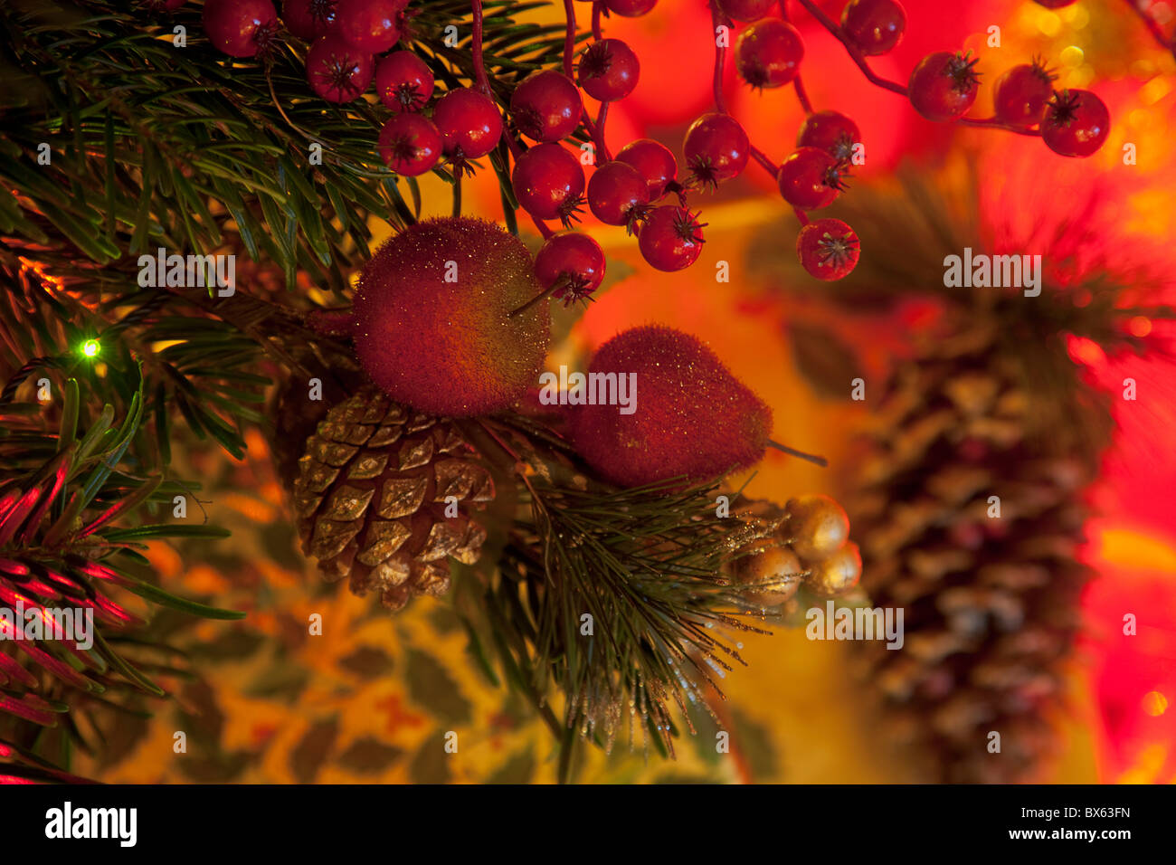 Festivals Religious, Christmas, Detail of lights and decorations on Nordman Fir tree. Stock Photo