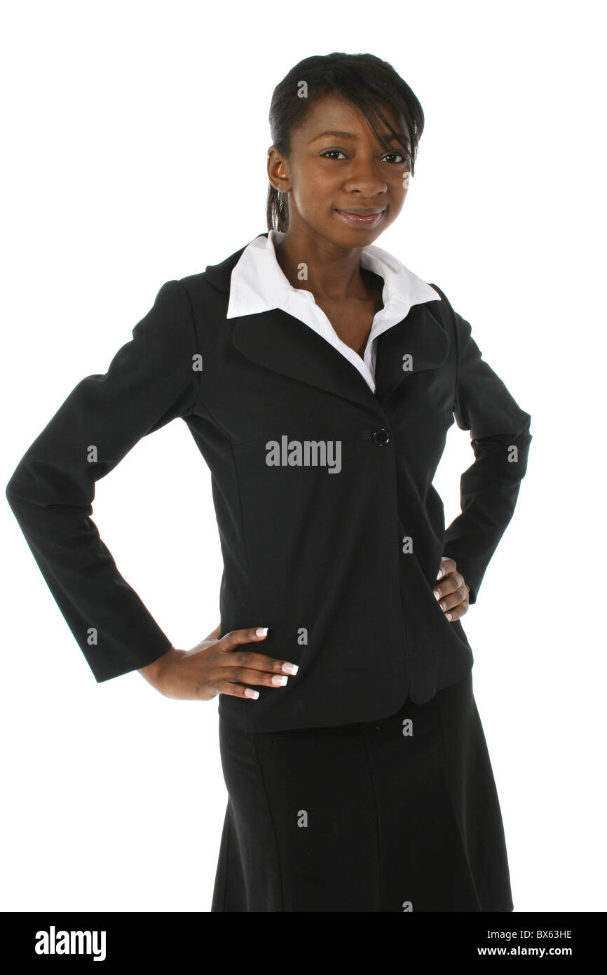 Beautiful young african american business woman in suit over white ...