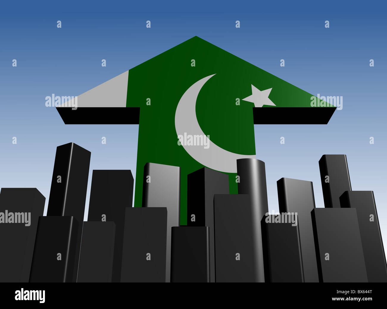 abstract skyline and Pakistani flag arrow illustration Stock Photo