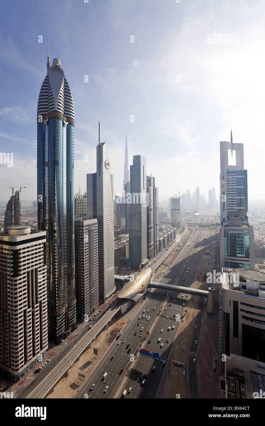 Elevated view of high rise buildings along Sheikh Zayed Road, Dubai, United Arab Emirates, Middle East Stock Photo