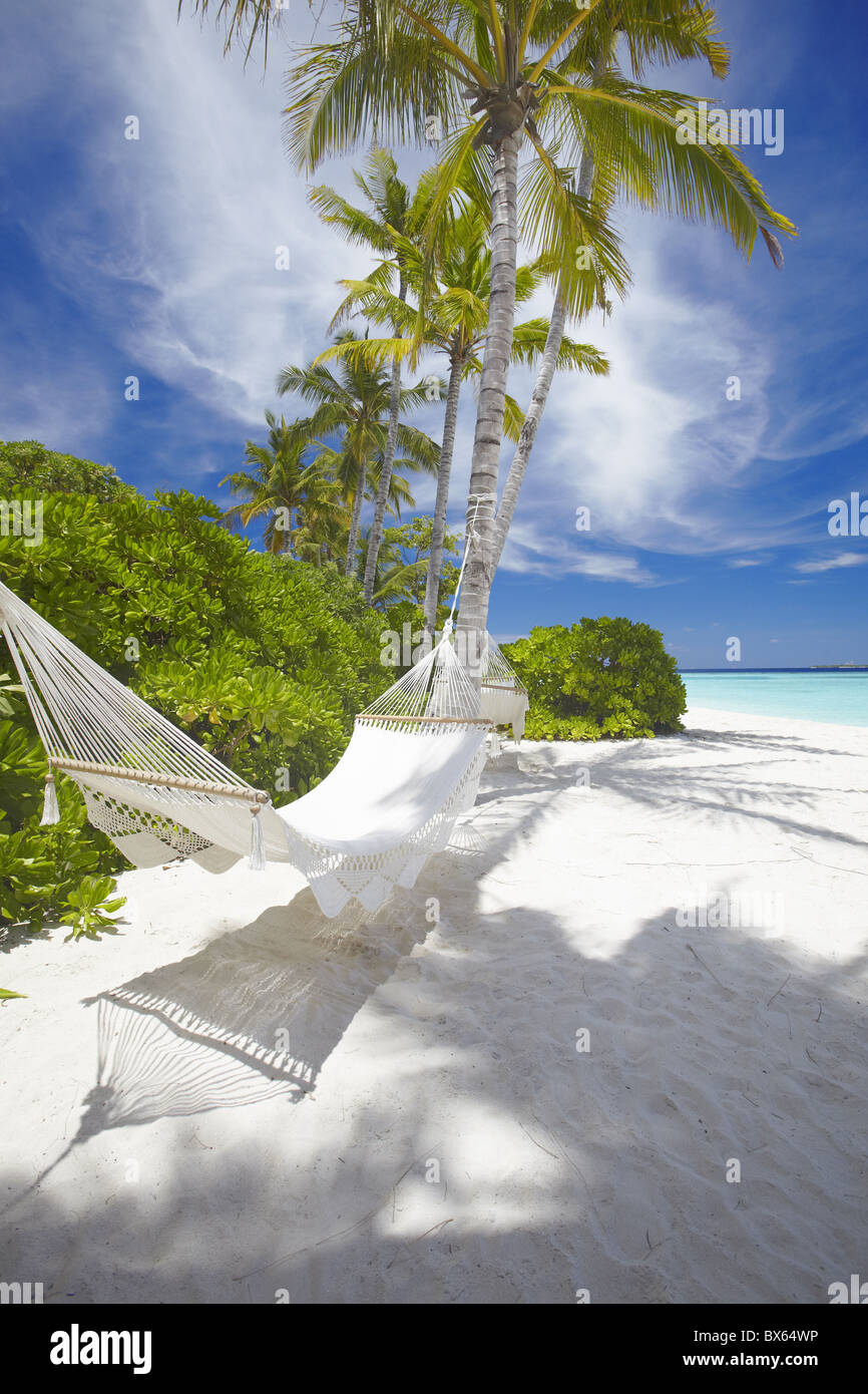 Hammock on empty tropical beach, Maldives, Indian Ocean, Asia Stock ...