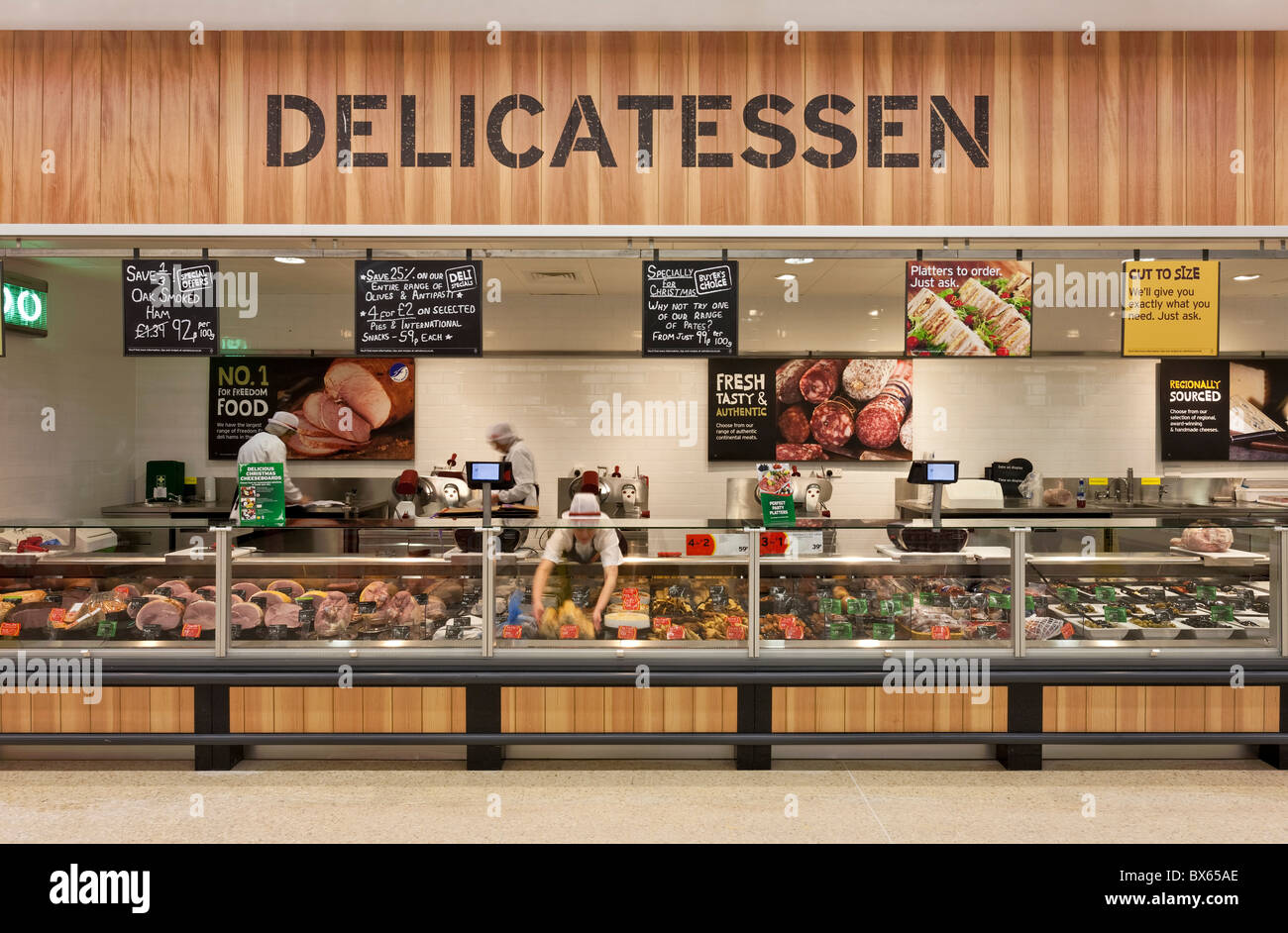 Delicatessen counter in a supermarket. Stock Photo