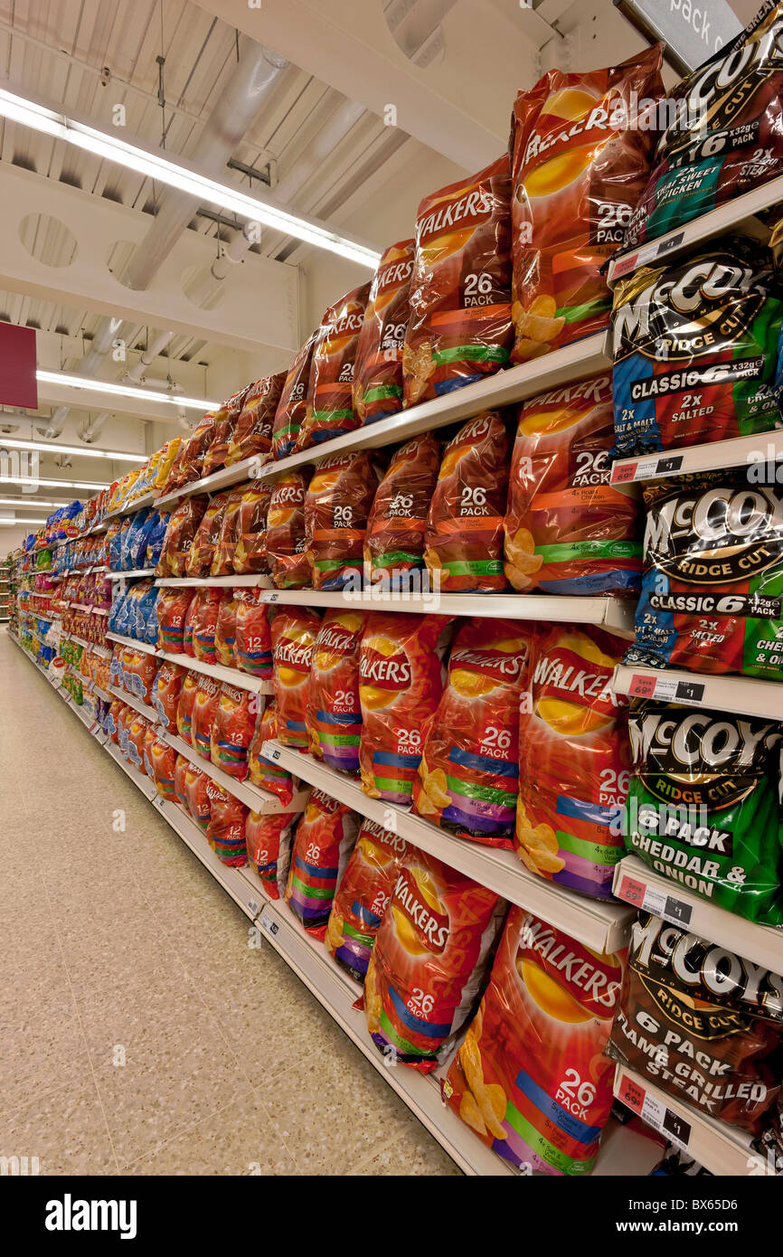 Display of crisps in a supermarket. Stock Photo