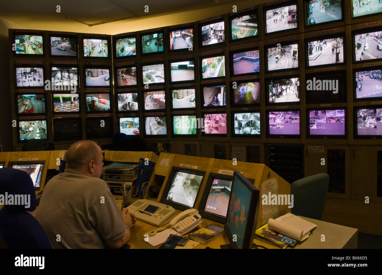 CCTV control room in city centre Newport South Wales UK Stock