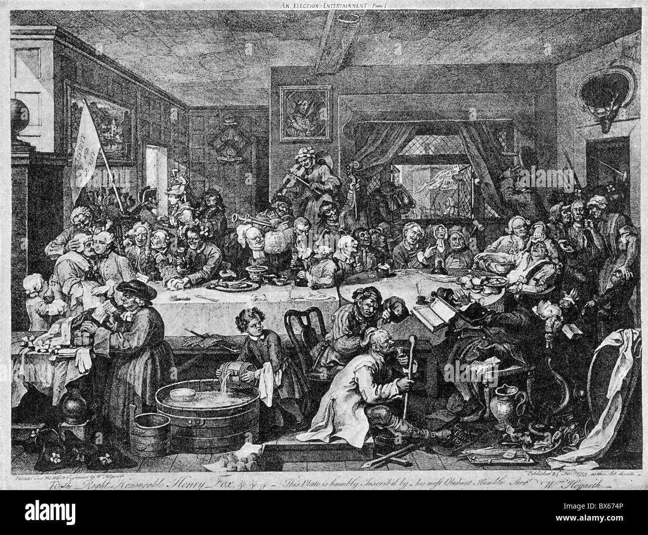 William Hogarth, An Election Entertainment, 1755; Black and White Illustration; Stock Photo