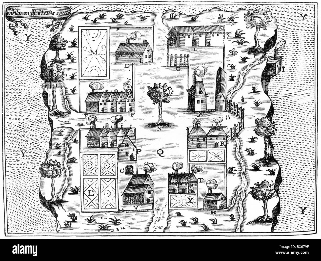 Ile St Croix, the earliest French settlement in Arcadia, 1604; Black and White Illustration; Stock Photo