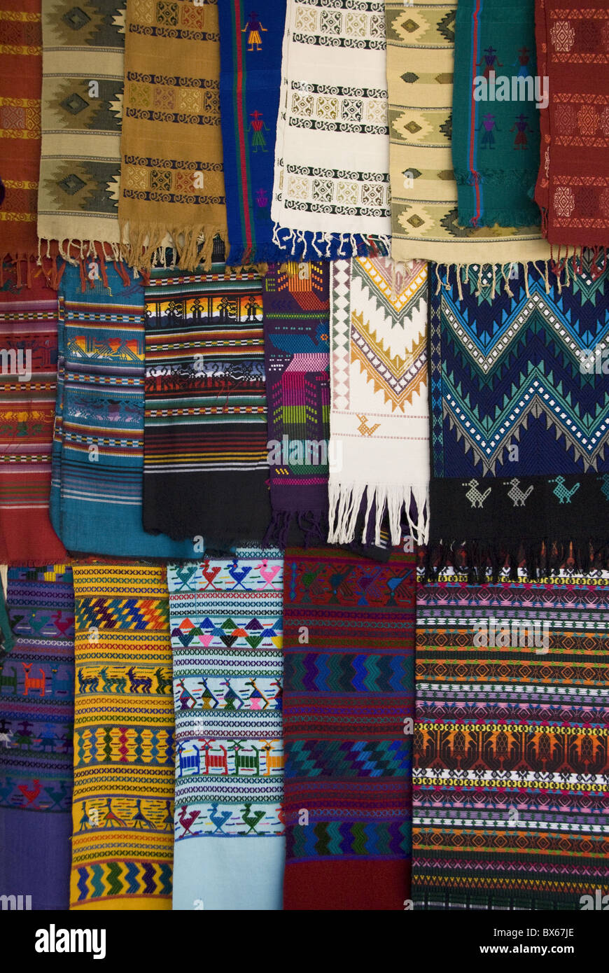 Handmade fabrics for sale in the market, Panajachel, Lake Atitlan, Guatemala, Central America Stock Photo