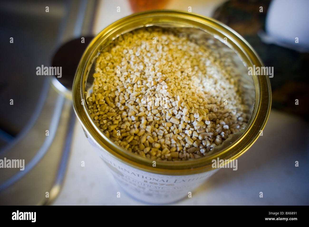 A container of John McCann Steel Cut Oats, imported from Ireland Stock Photo