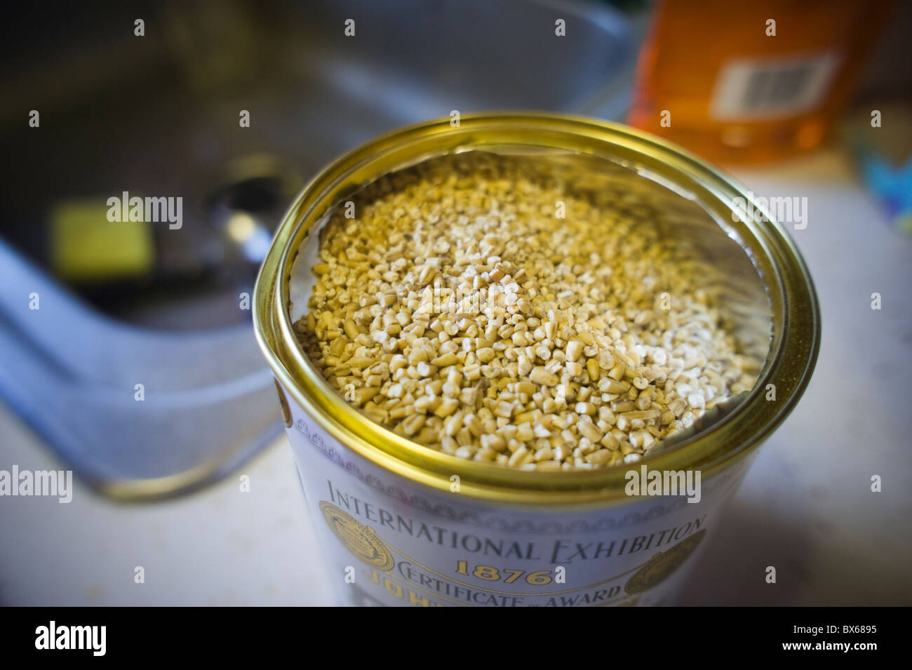 A container of John McCann Steel Cut Oats, imported from Ireland Stock Photo