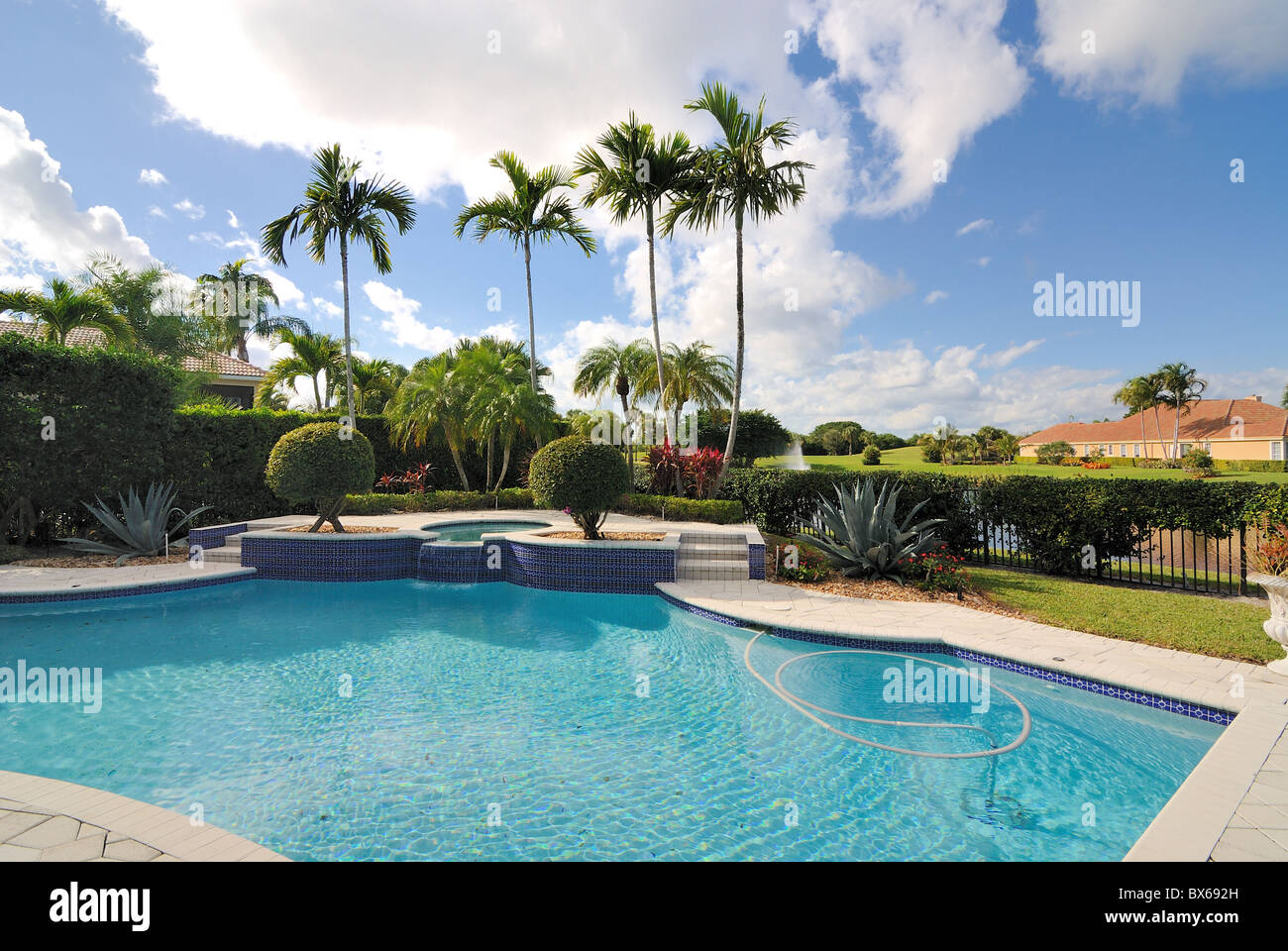 A luxury pool in a neighborhood in Florida. Stock Photo