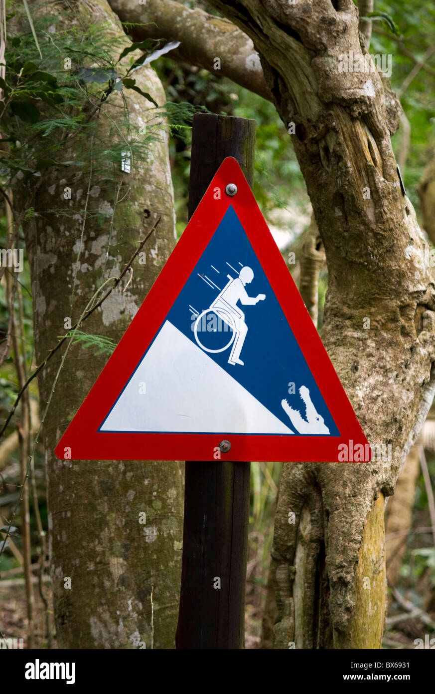 Humourous sign at the St Lucia Crocodile Farm, The iSimangaliso Wetland Park. Kwazulu Natal, South Africa Stock Photo
