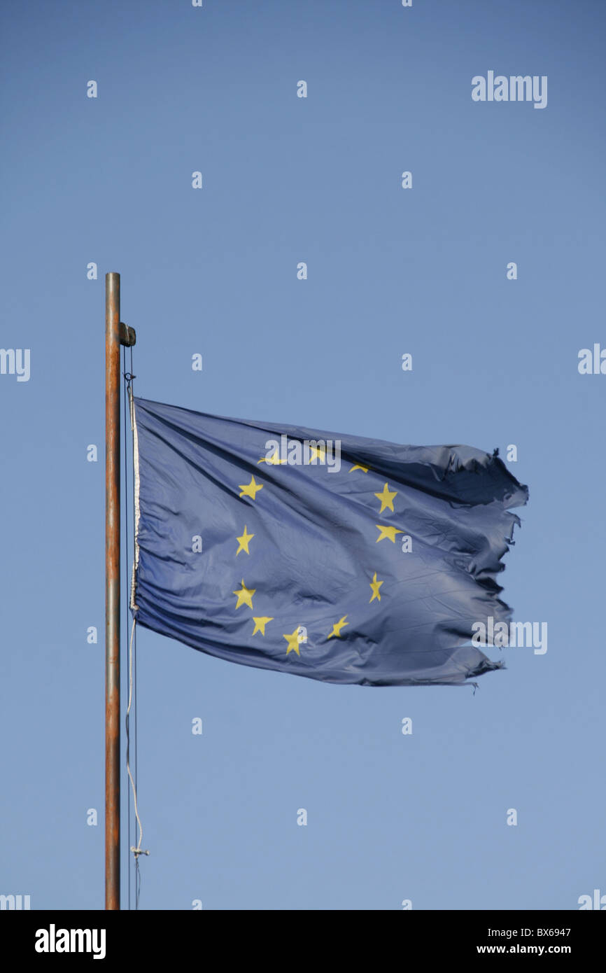 one european union flag flying in the wind in sun Stock Photo - Alamy