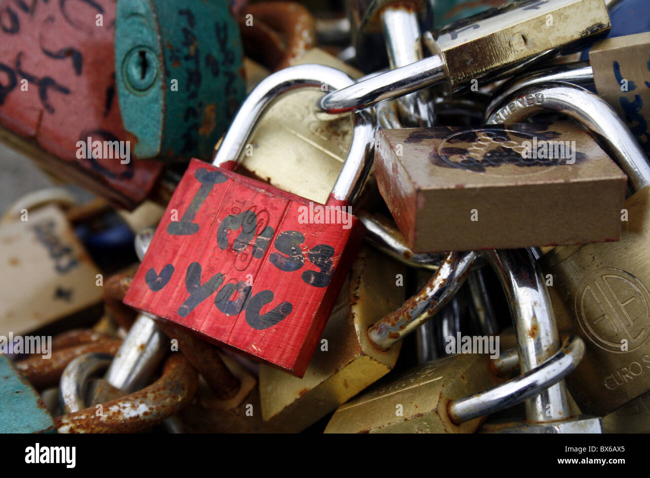 love locks on the milvio bridge in rome, italy Stock Photo Alamy