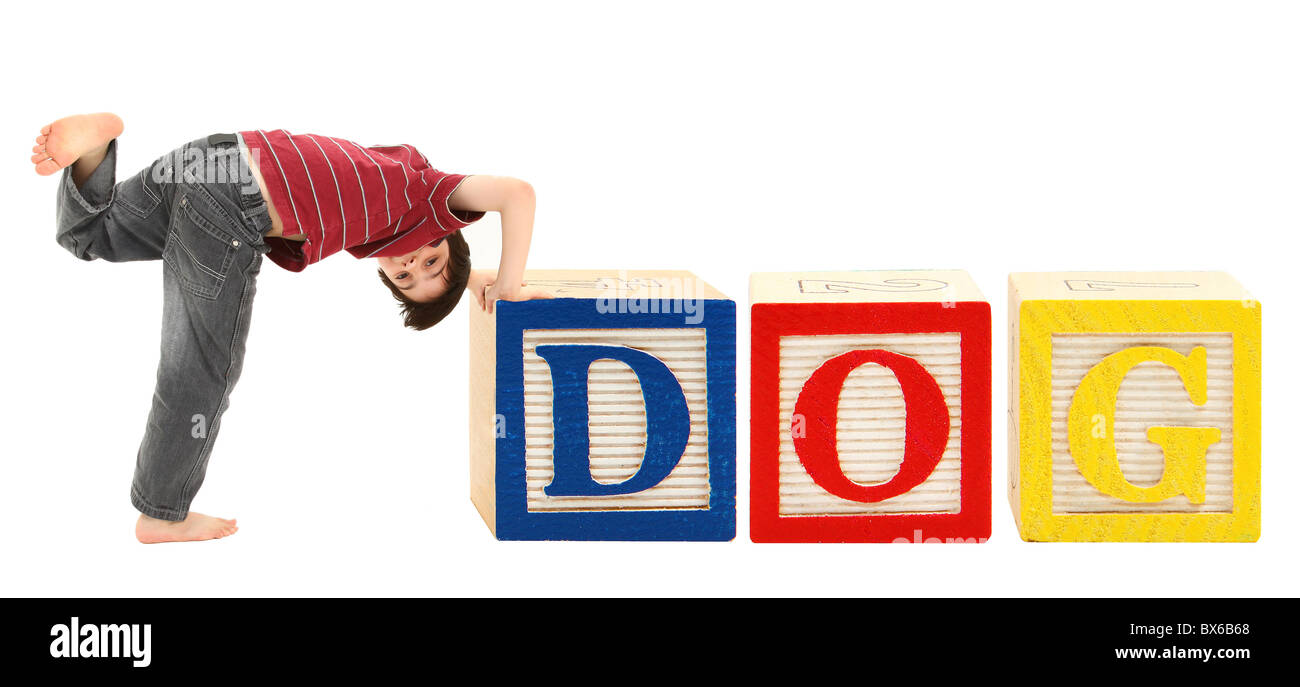 Giant alphabet blocks and adorable seven year old boy spelling out the word dog Stock Photo