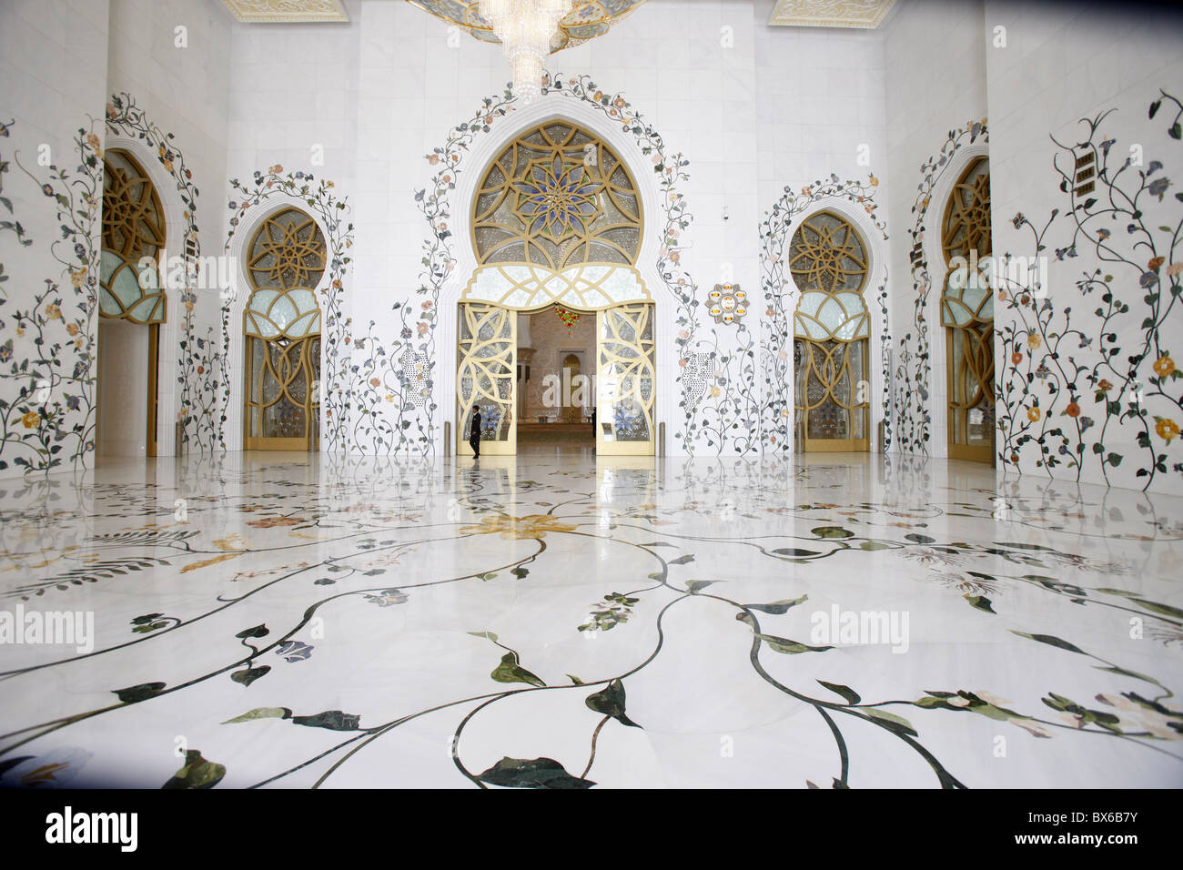 Thousands of semi-precious stones, inset in marble, decorate the Sheikh Zayed Grand Mosque, Abu Dhabi, UAE Stock Photo
