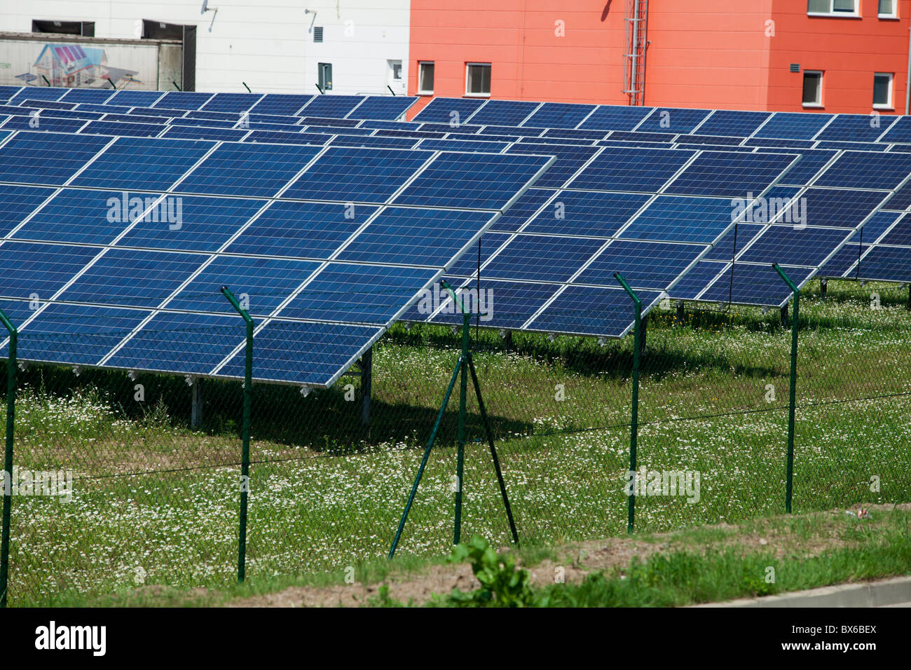 Solar panels, collectors, solar, solar energy power station in Litovel, Czech Republic. Stock Photo
