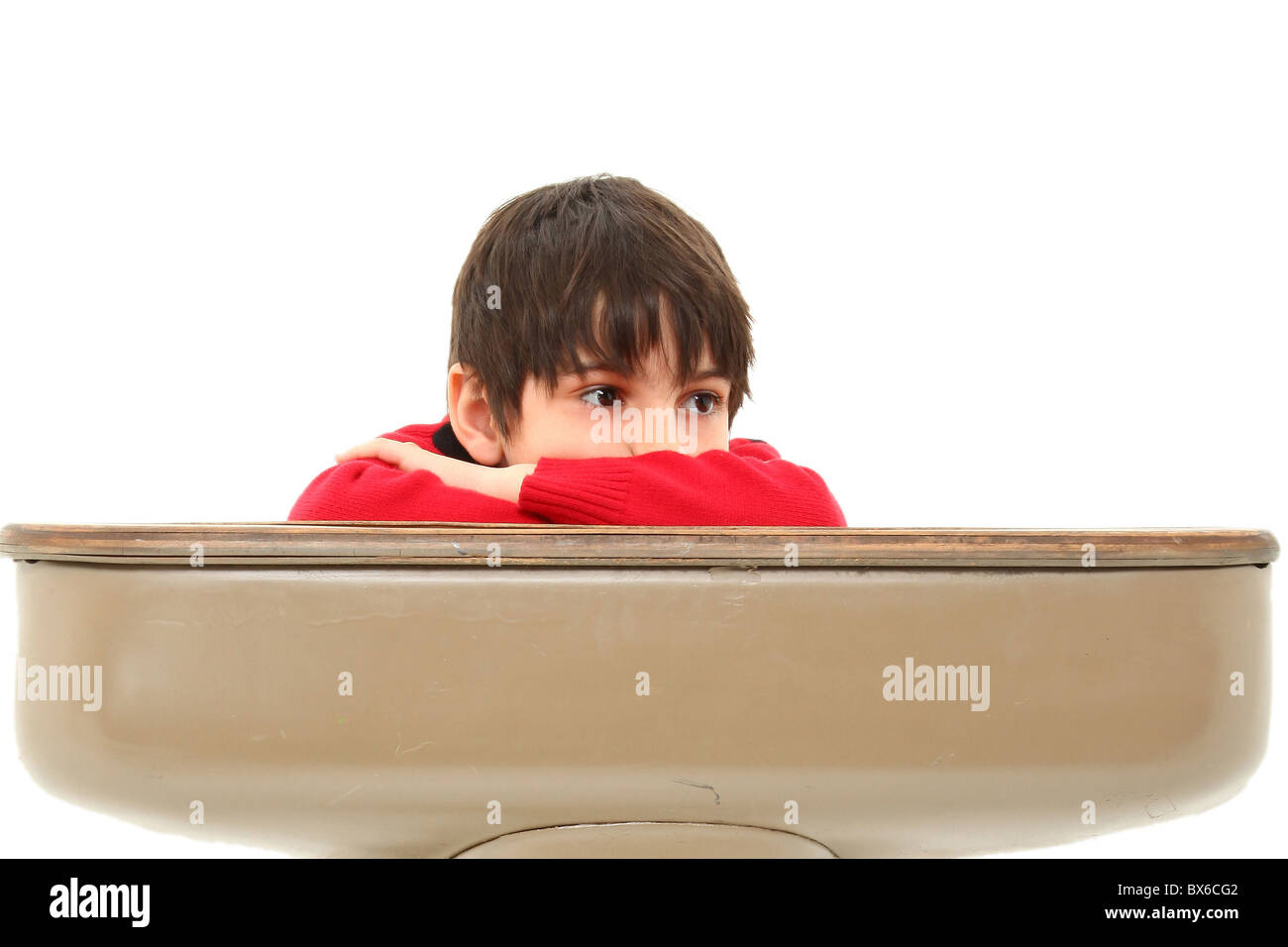Attractive 7 Year Old French American Boy In School Desk Over