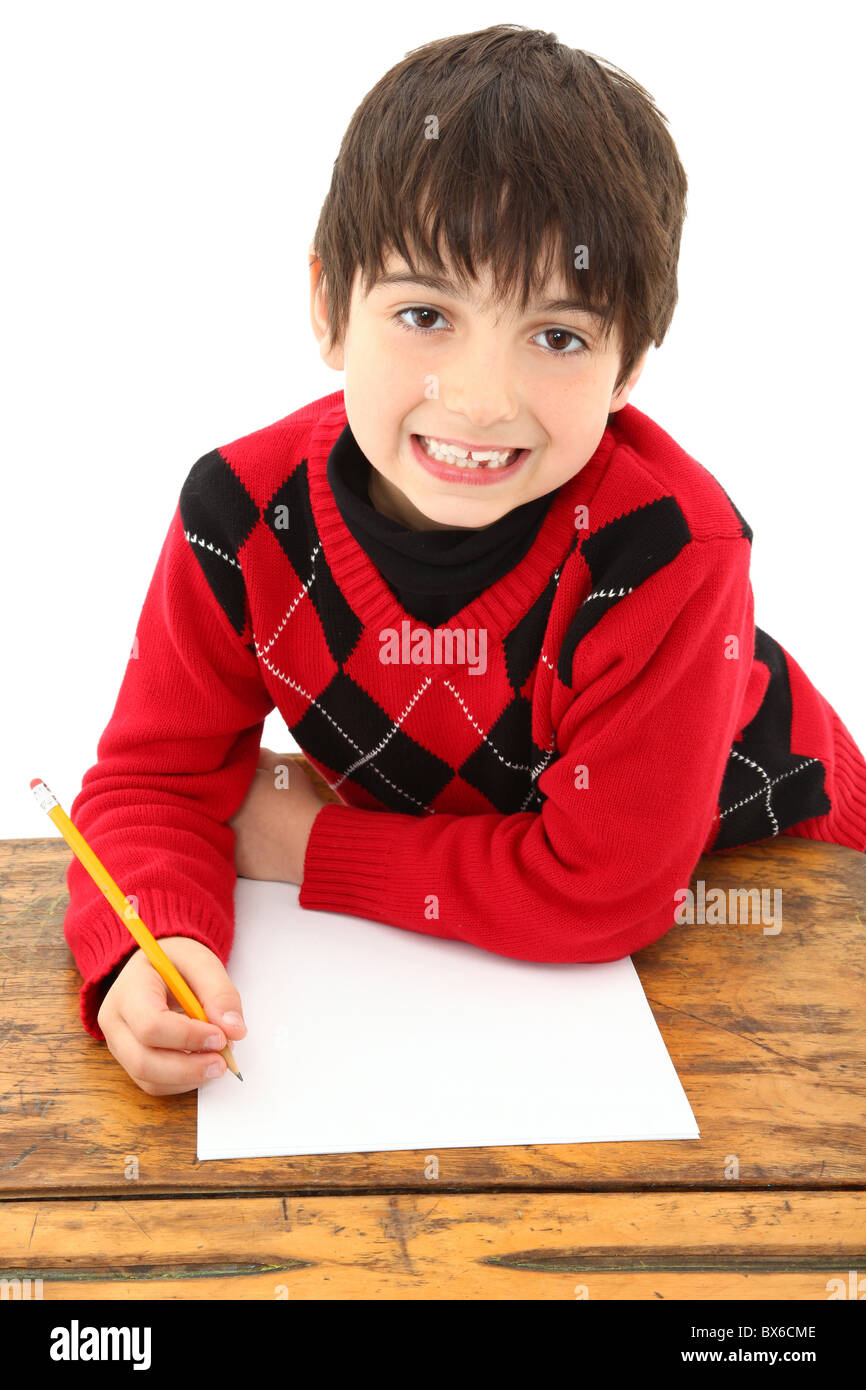 Attractive 7 Year Old French American Boy In School Desk Over