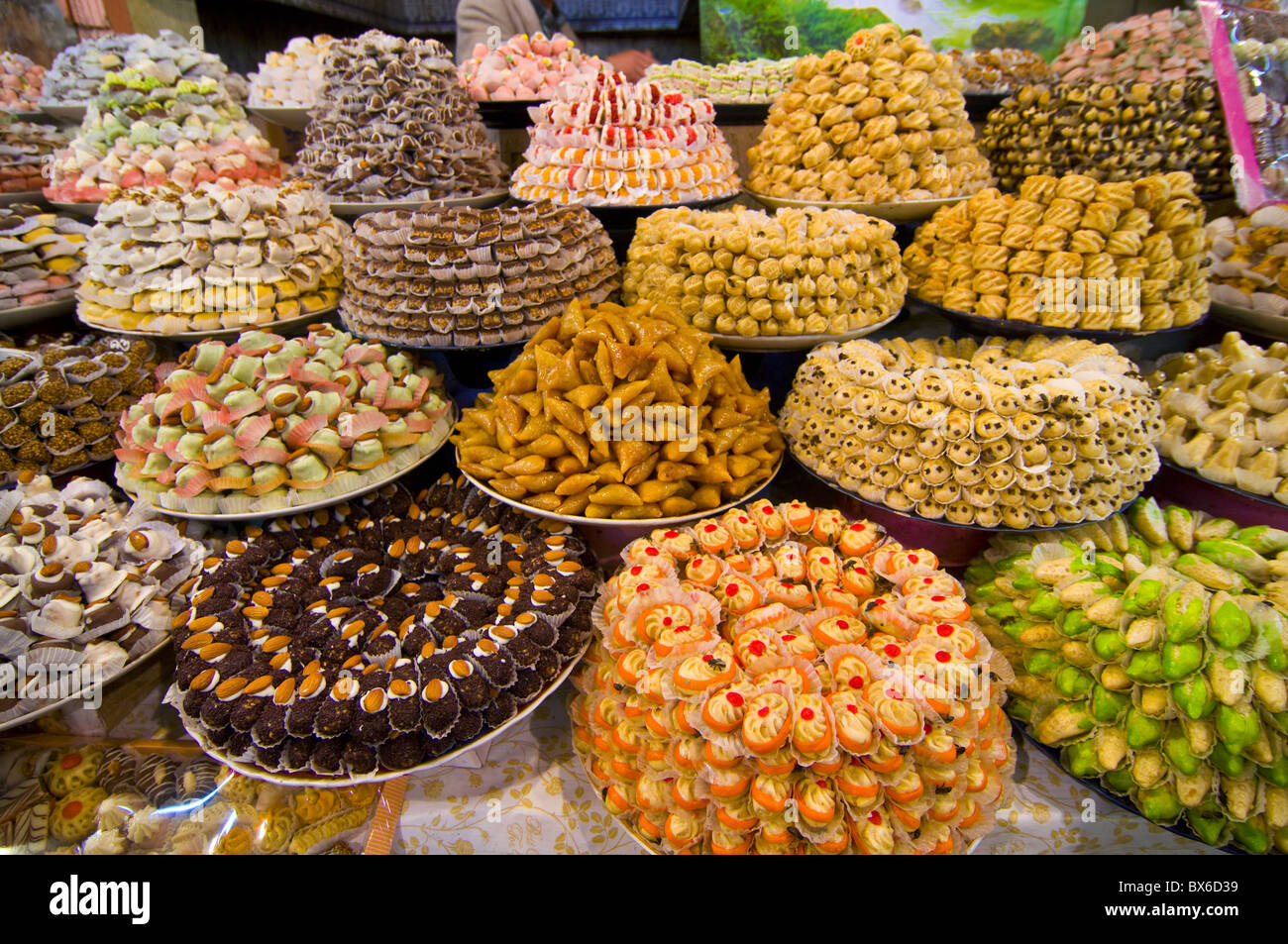 Sweets for sale in the souk of Meknes, Morocco, North Africa, Africa Stock Photo