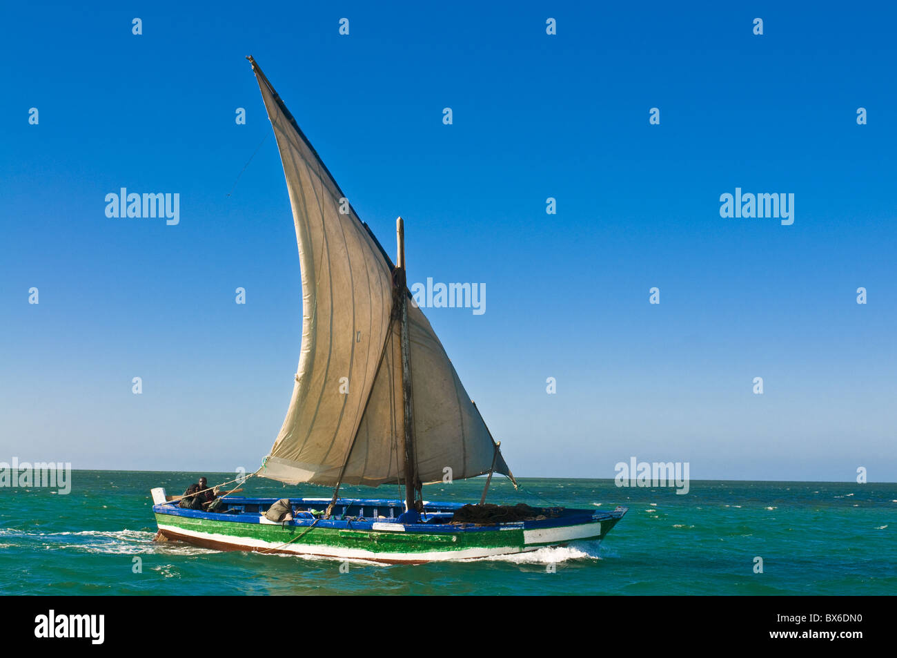 Traditional sailing boat in waters of the Banc d'Arguin, Mauritania, Africa Stock Photo