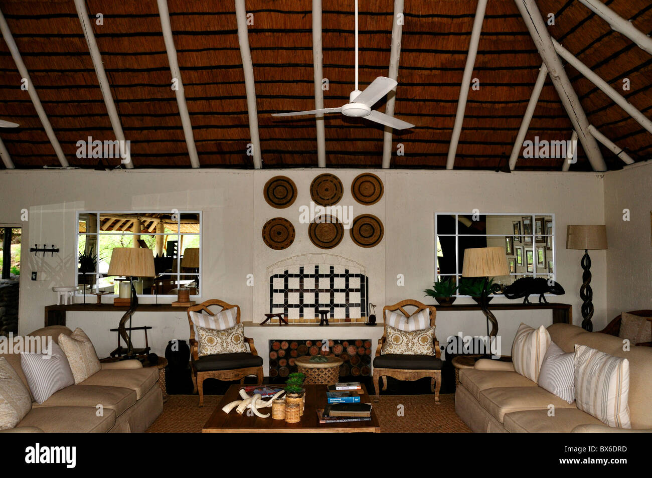 Sitting area of a luxury resort. Londolozi Game Reserve, South Africa. Stock Photo