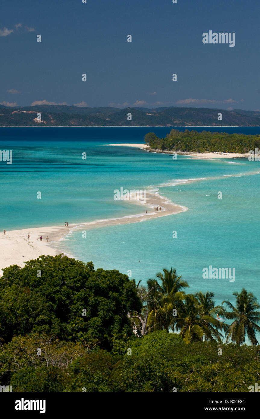 View above a sand bank linking the two little islands of Nosy Iranja near Nosy Be, Madagascar, Indian Ocean, Africa Stock Photo