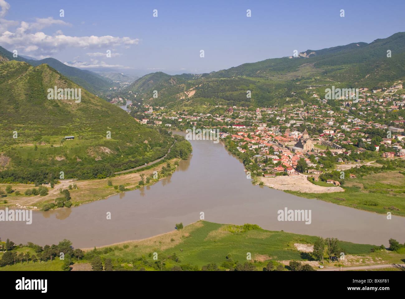 View over the Mtkvari River and Mtskheta, Georgia, Caucasus, Central Asia, Asia Stock Photo