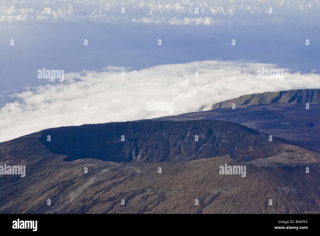 Aerial view of the crater of Piton de la Fournaise volcano, La Reunion, Indian Ocean, Africa Stock Photo