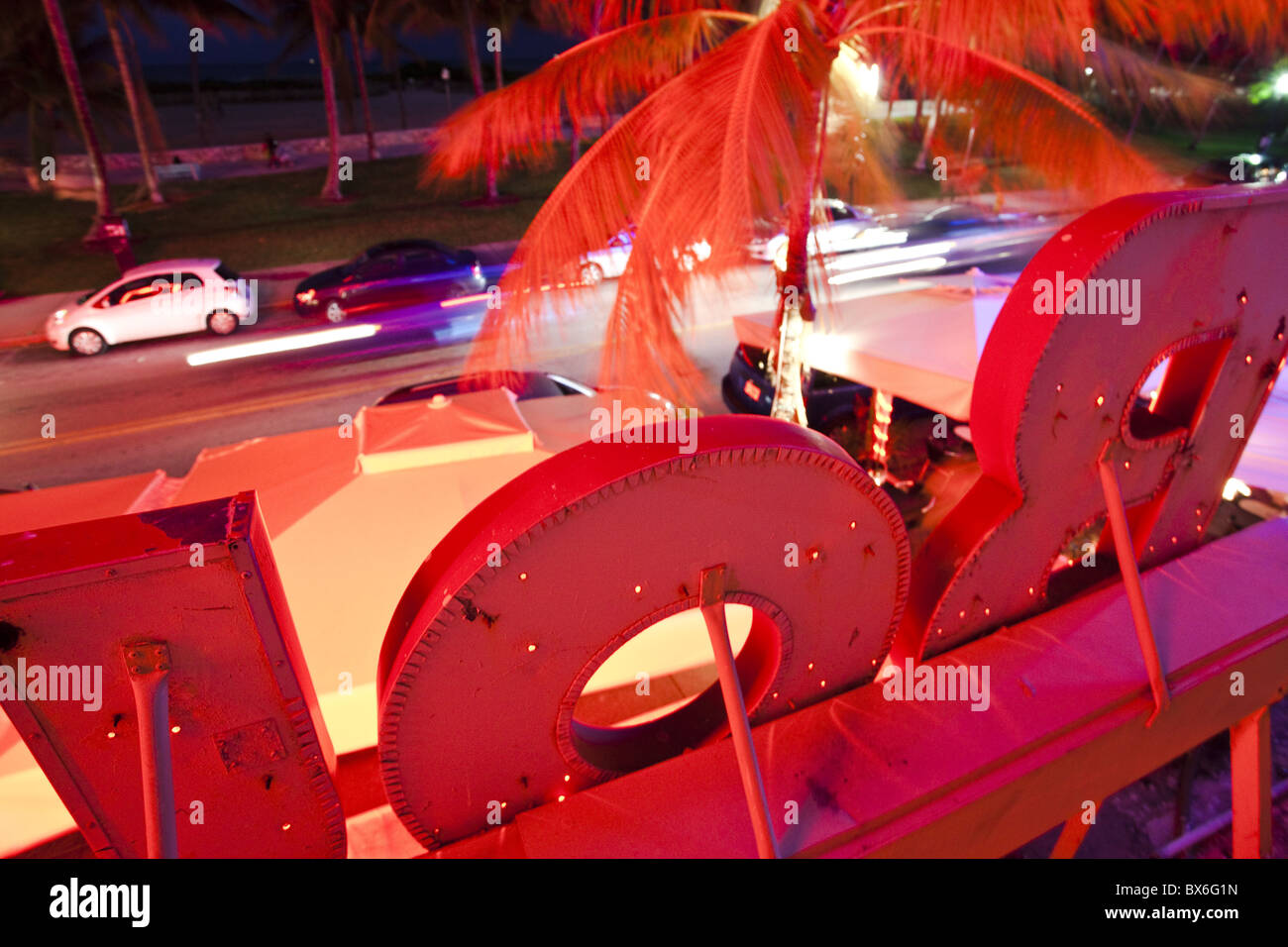 Behind the neon sign of Boulevard Hotel on Ocean Avenue, South Beach, Miami, Florida, United States of America, North America Stock Photo